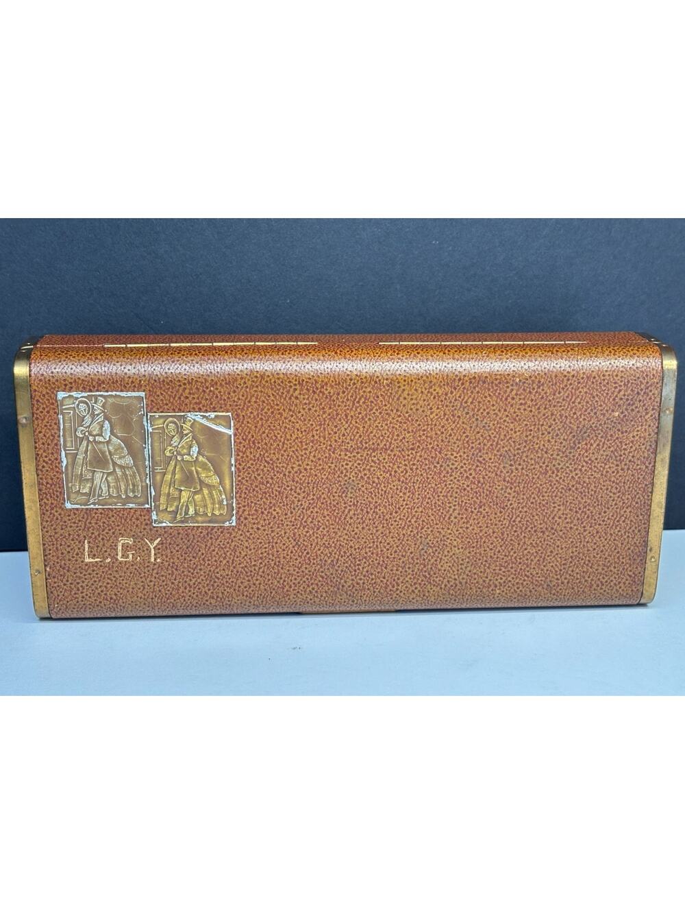 Vintage Farrington Genuine Texol Travel Jewelry Case Brass Trim Victorian Plaque